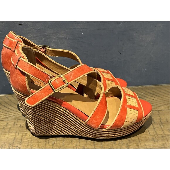 Miz Mooz leather Sandal Heel Wedge Shoes Size 8.5 Orange Kenya Toe Buckle Summer - Picture 5 of 10